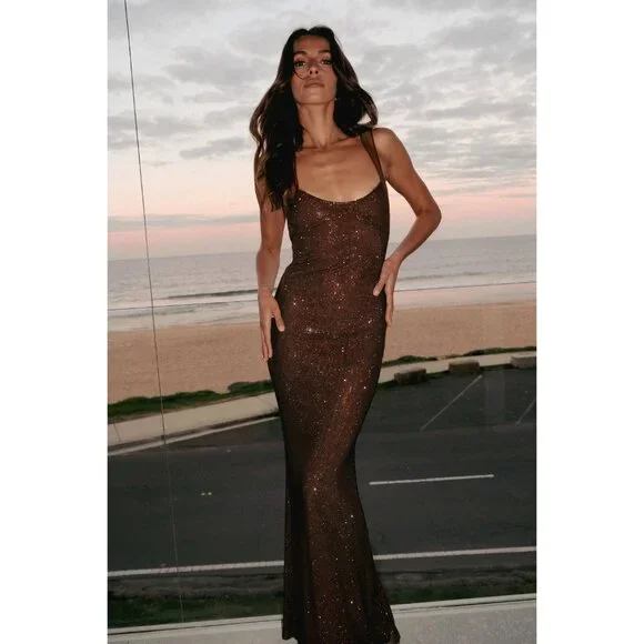 knee length dresses for ladies Meshki Jasmyn Hot Fix Maxi Dress (Chocolate)  Rent To Dress NZ
